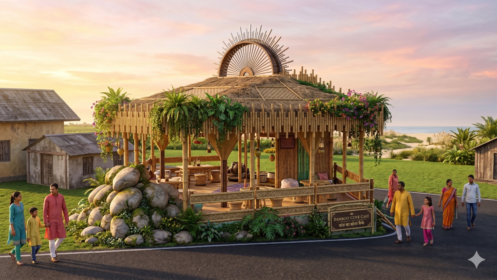 Bamboo Cove Cafe round pavilion at dusk