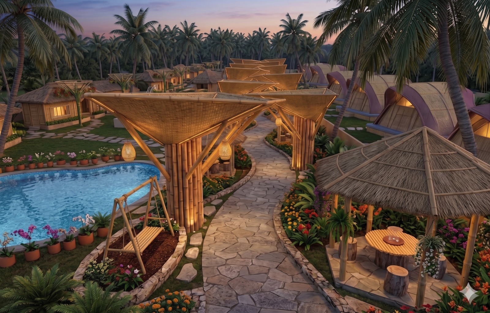Bamboo pavilion walkway — retreat setting