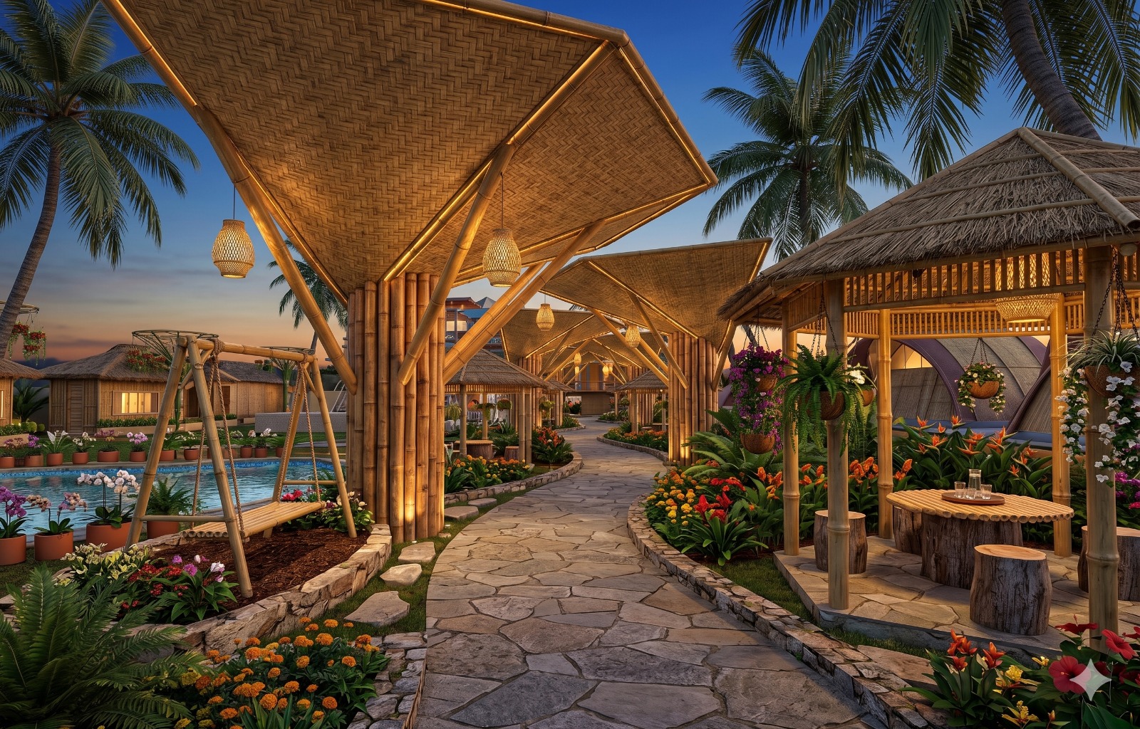 Bamboo walkway with flower beds and swing