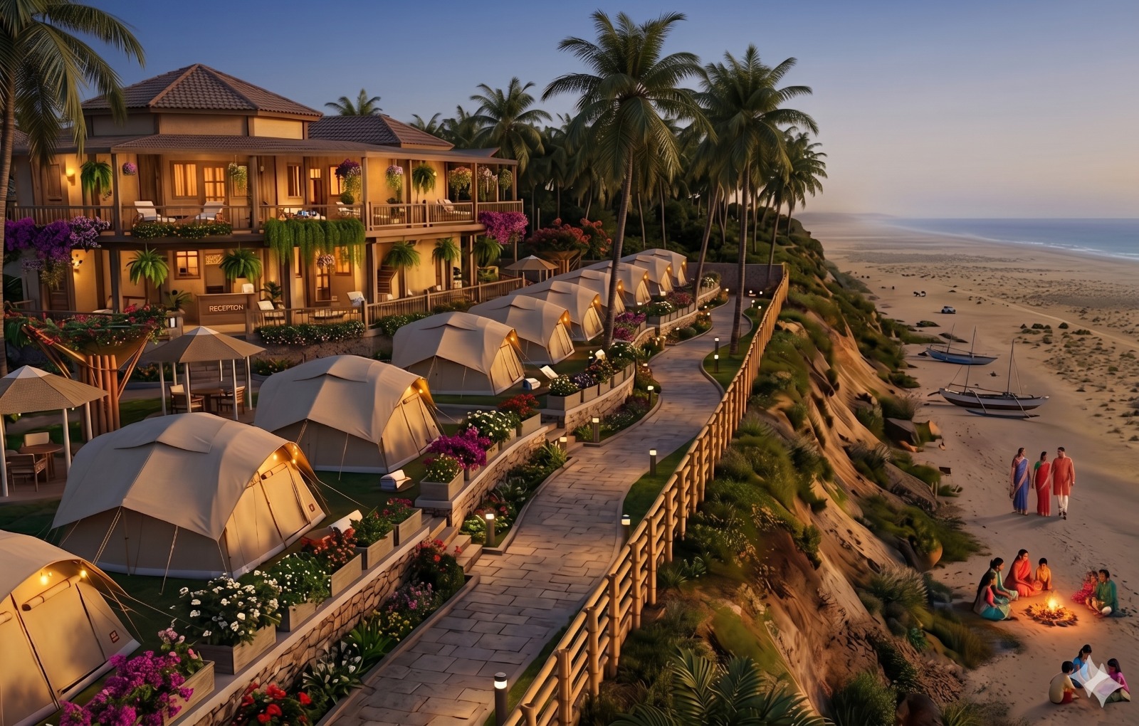 Hillside glamping tents at dusk facing the beach