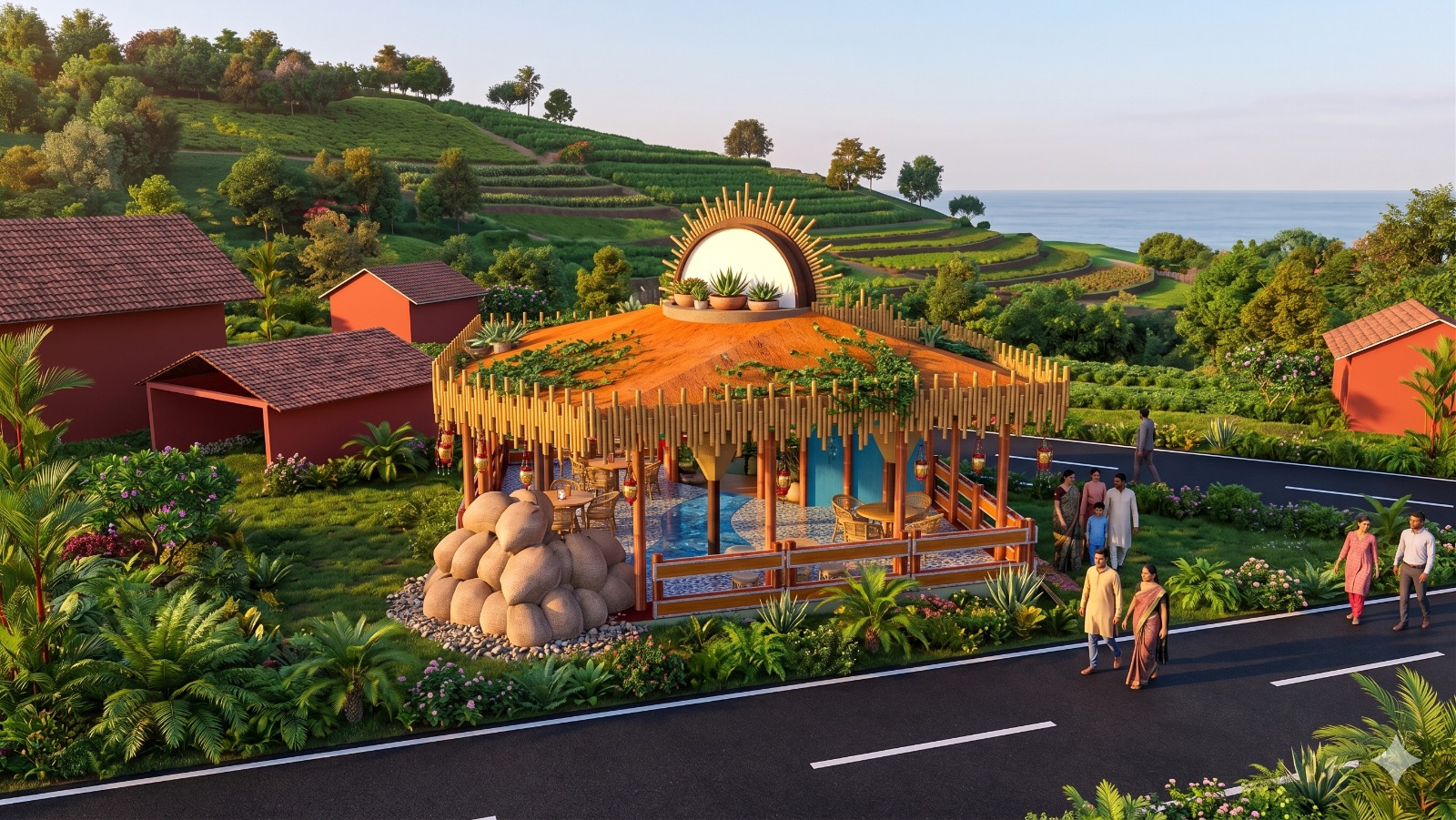 Terraced hill pavilion with ocean view