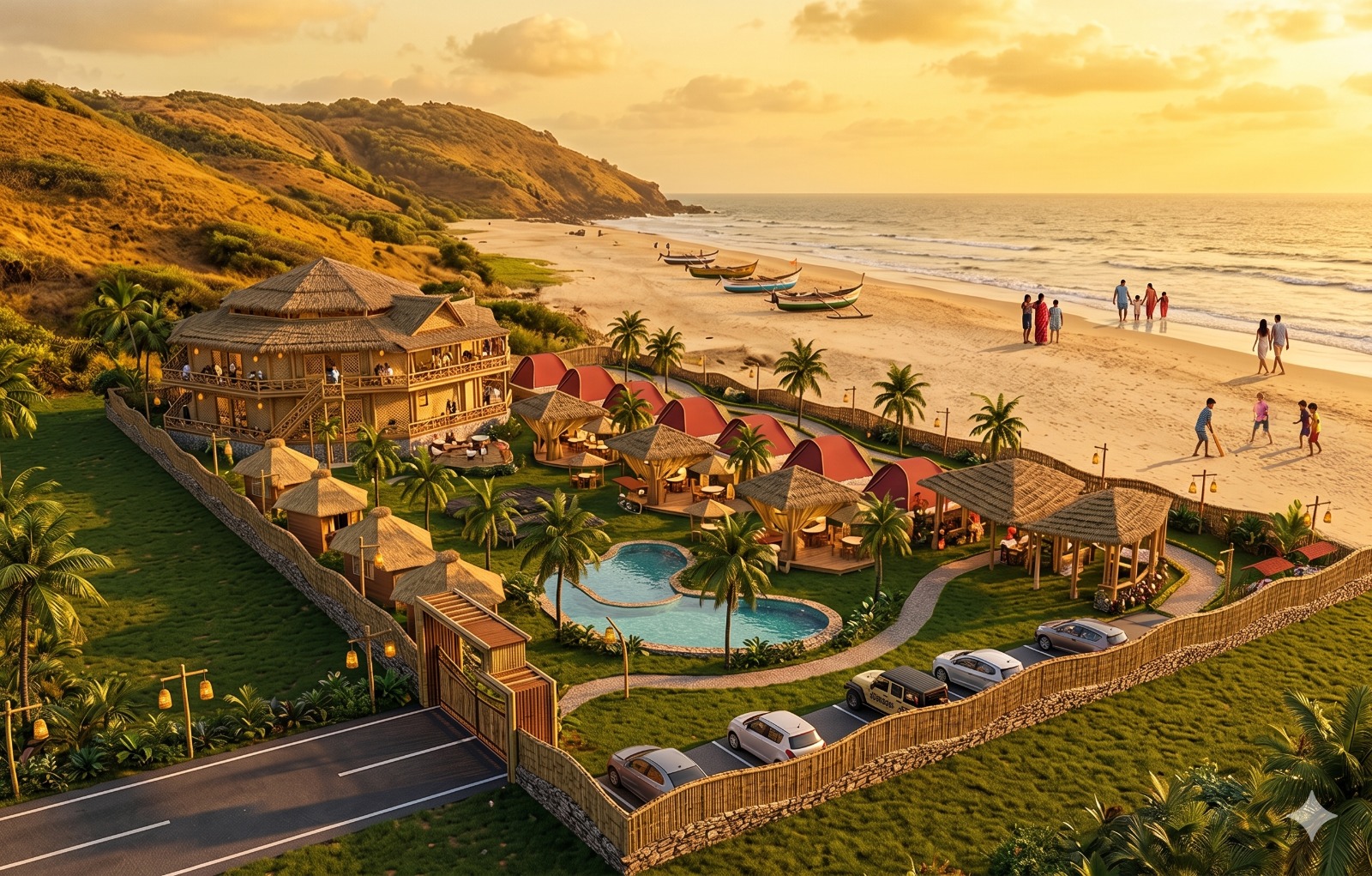 Aerial view of the Assagao Vatika compound with beach